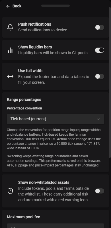 App settings in the mobile menu
