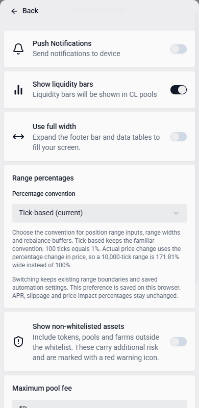 App settings in the mobile menu