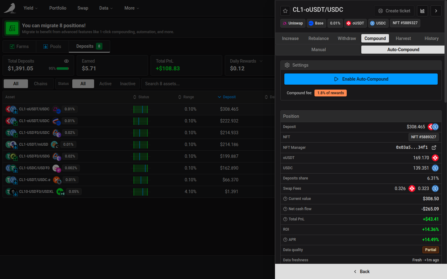 Auto-Compound settings, with the compound fee and the enable button
