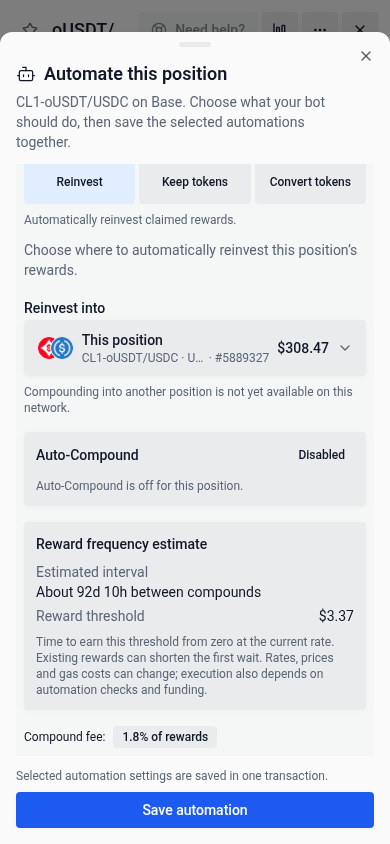 Auto-Compound settings in a mobile drawer