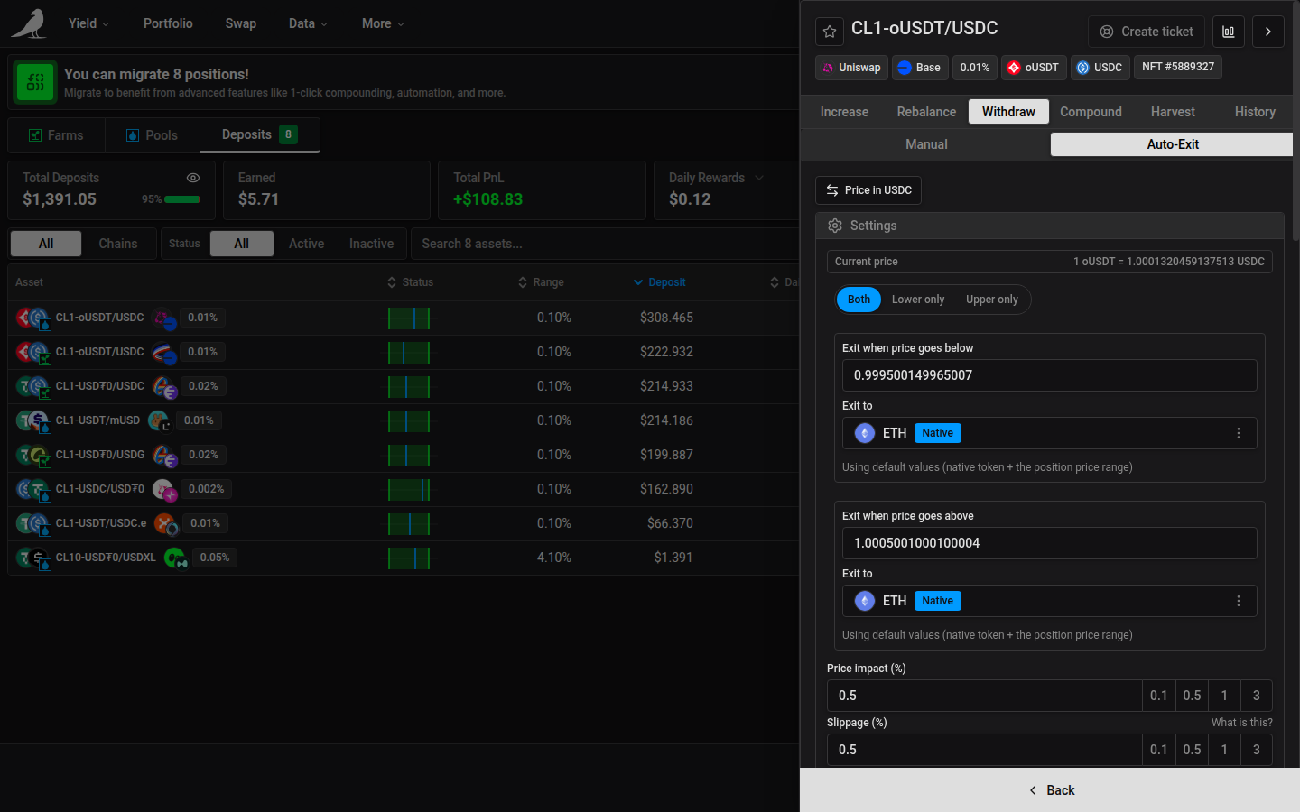 Auto-Exit settings, with lower/upper bound triggers and exit tokens