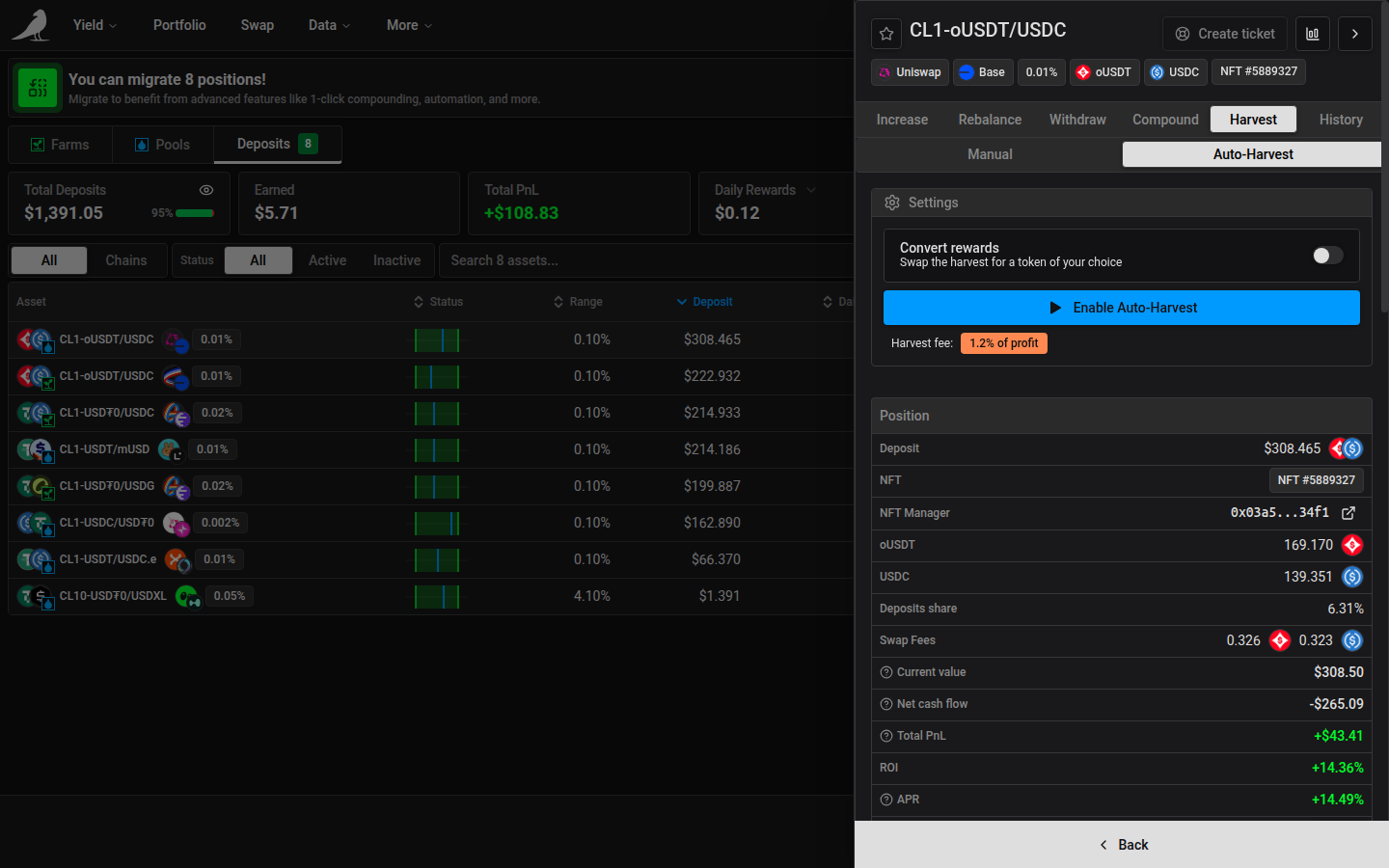 Auto-Harvest settings, with the Convert rewards toggle and the enable button