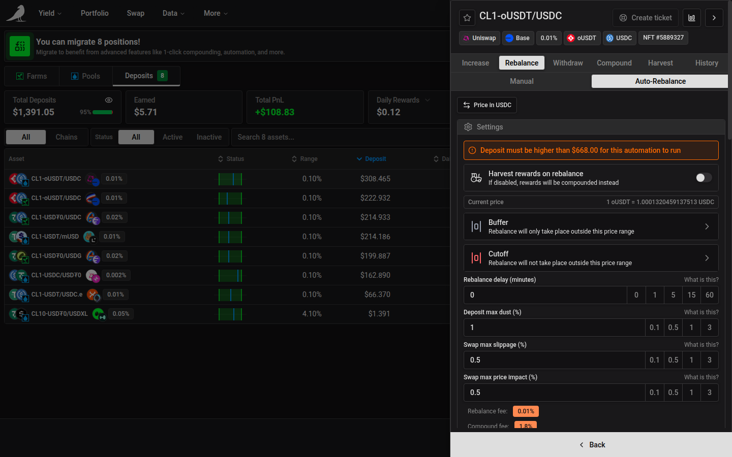 Auto-Rebalance settings, with the harvest-on-rebalance toggle, buffer and cutoff range pickers, rebalance delay and max dust