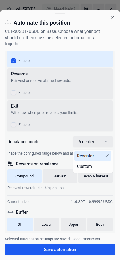 Auto-Rebalance settings in a mobile bottom drawer
