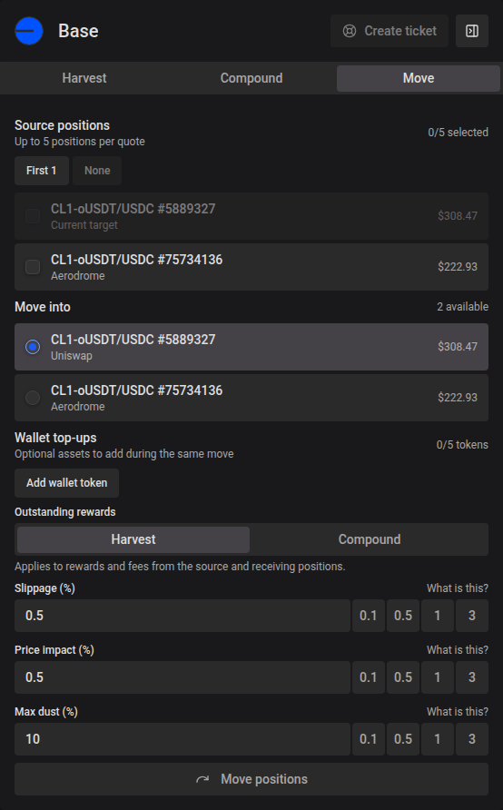 Chain Move source, receiving position and wallet top-up cards