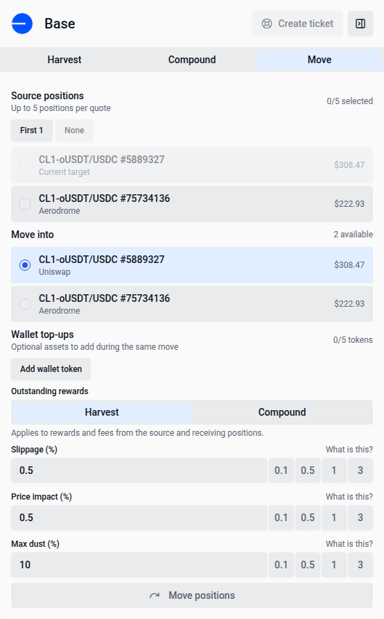 Chain Move source, receiving position and wallet top-up cards