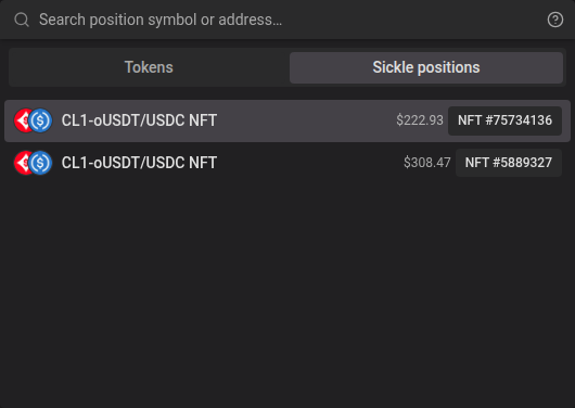 Sickle positions in the deposit asset picker