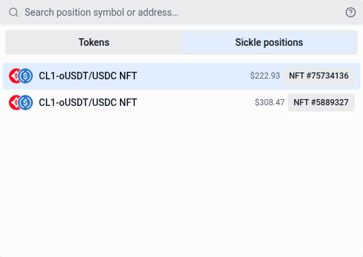 Sickle positions in the deposit asset picker