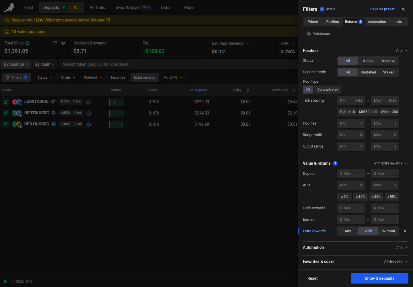 Extra rewards choices in the Deposits filters dialog
