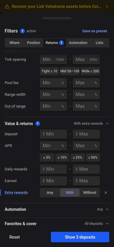 Extra rewards choices in the mobile Deposits filters drawer