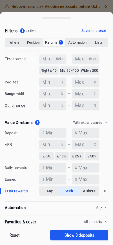 Extra rewards choices in the mobile Deposits filters drawer