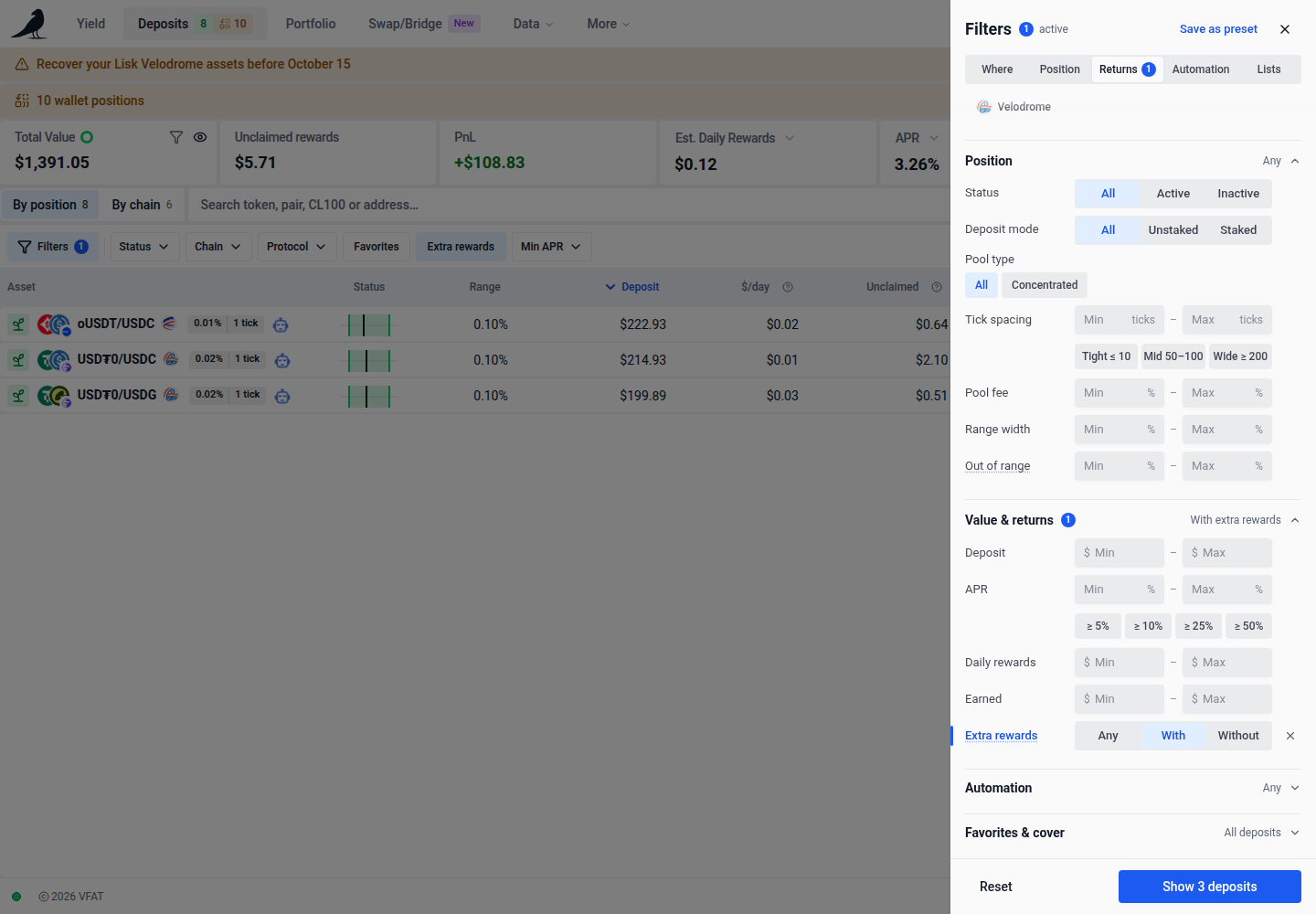 Extra rewards choices in the Deposits filters dialog