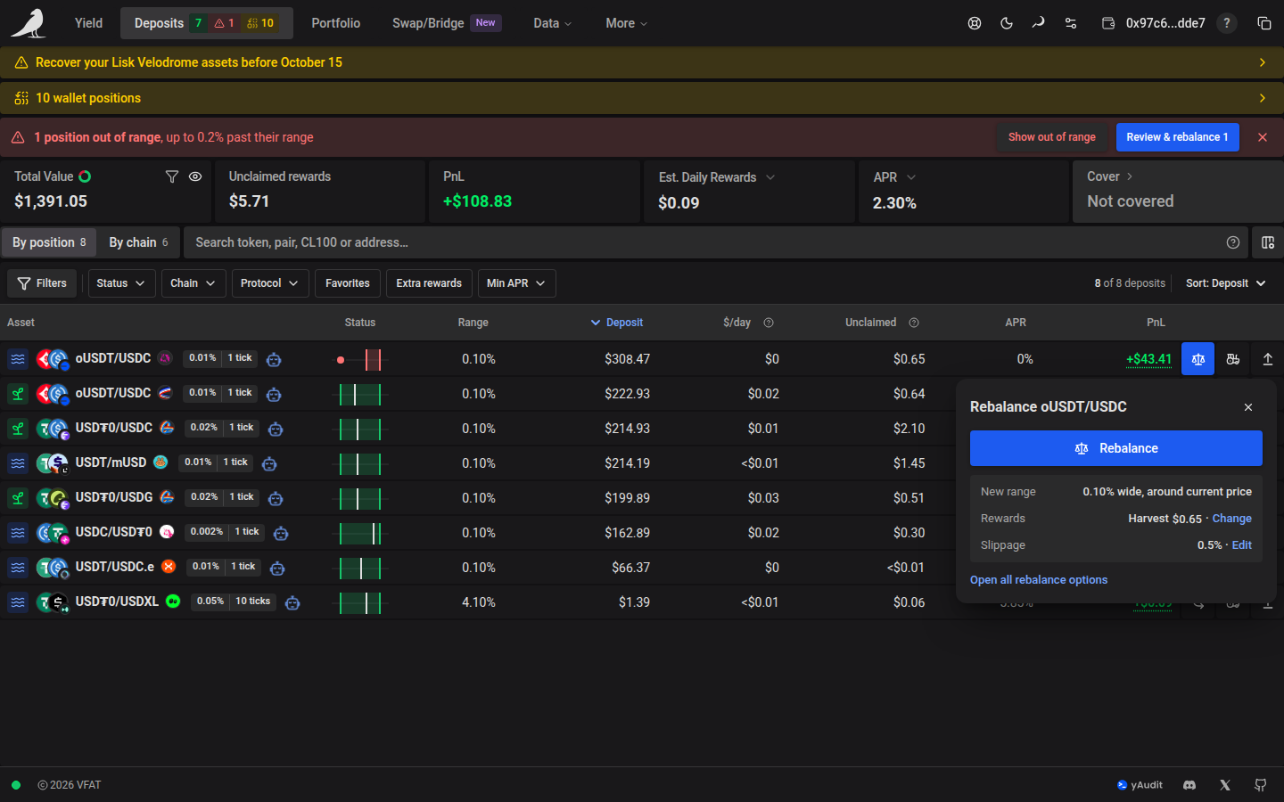 Rebalance panel on an out-of-range Deposits row