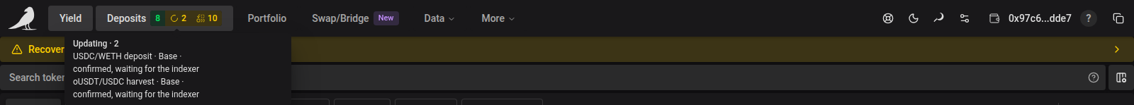 Deposits navigation listing the positions that are updating
