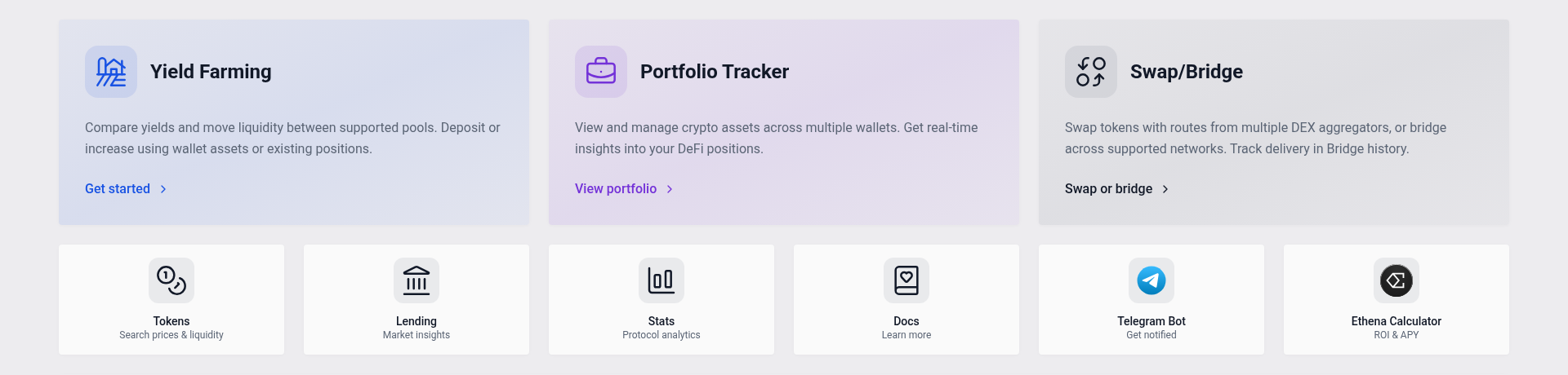 Home feature cards and quick links
