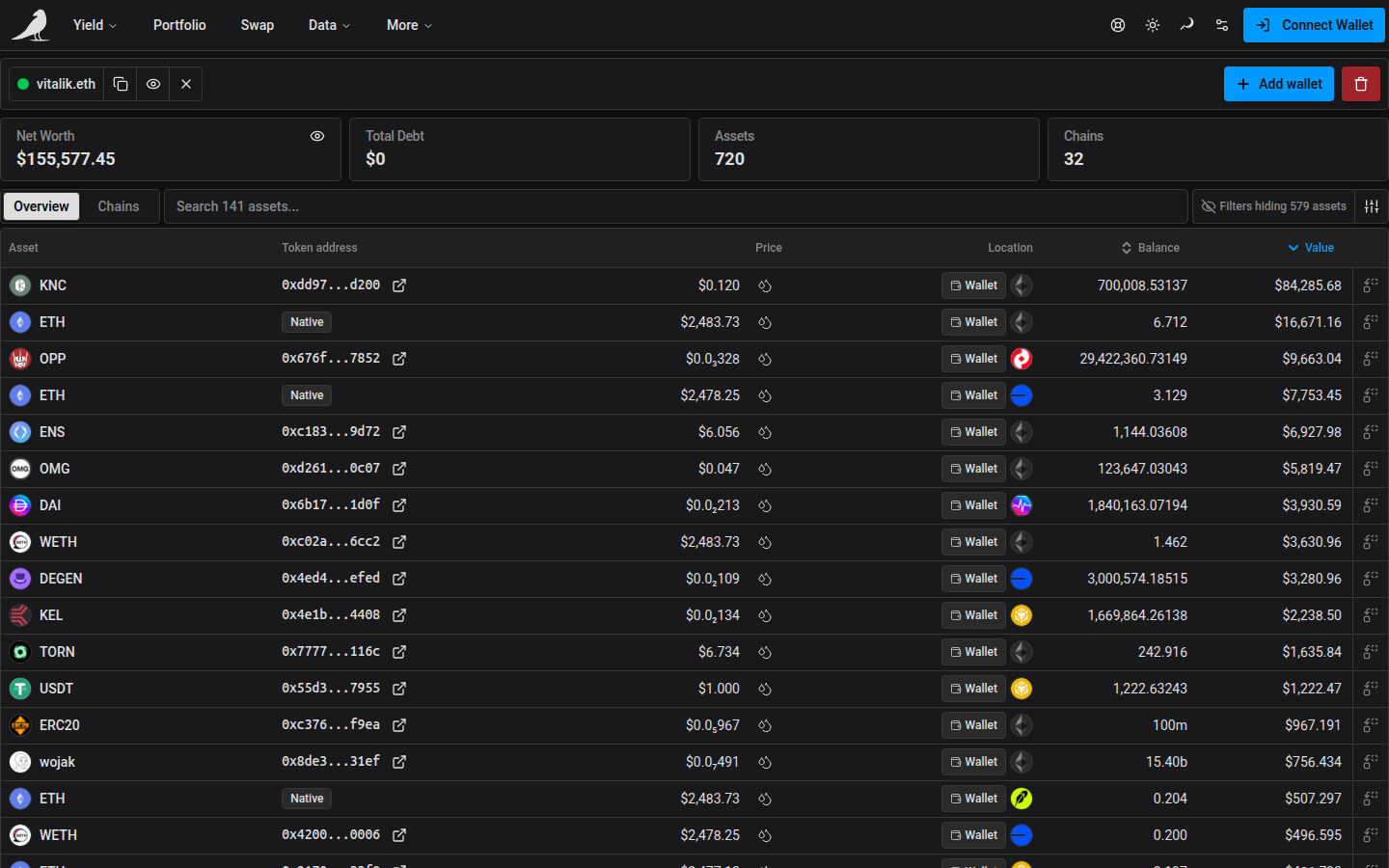 Portfolio showing wallet balances and positions across chains