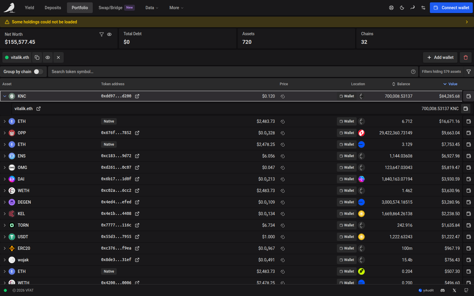 Expanded asset row showing its wallet holding