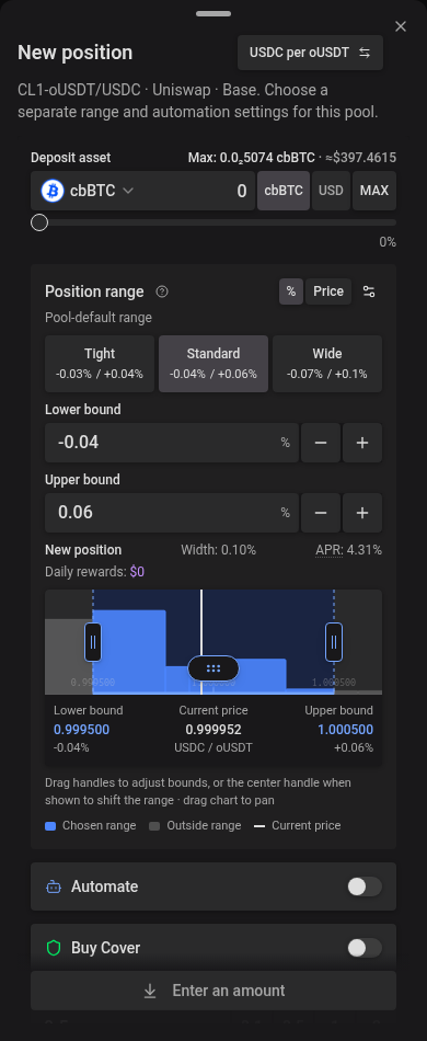 New position deposit dialog on mobile