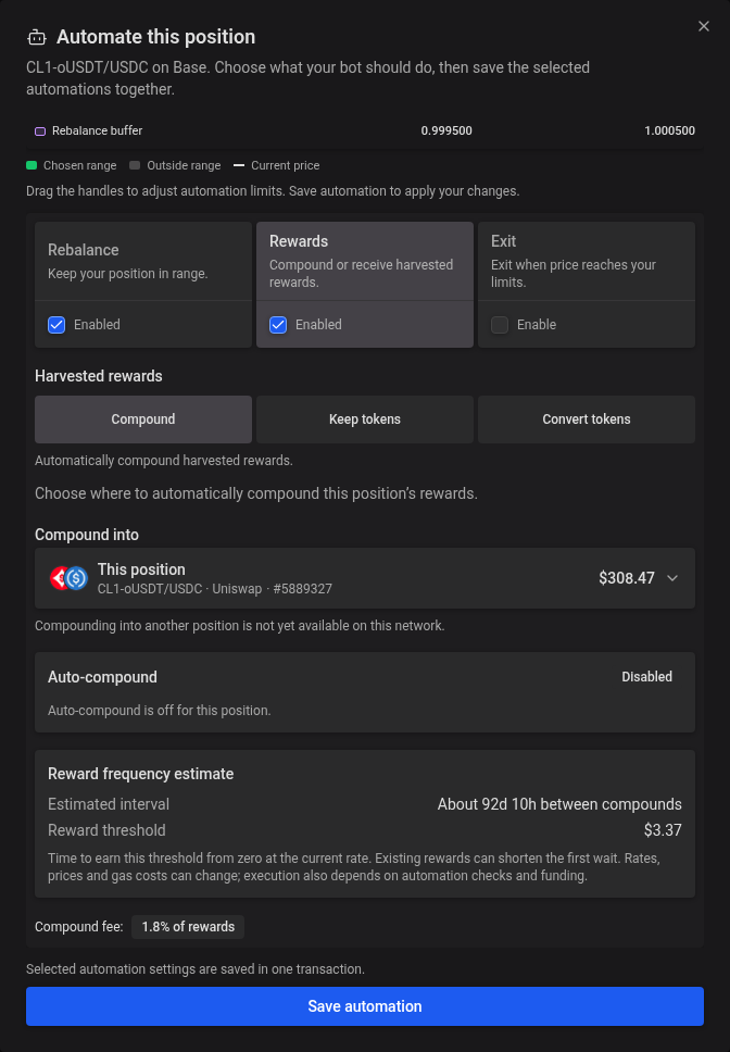 One Rewards menu in the position automation window