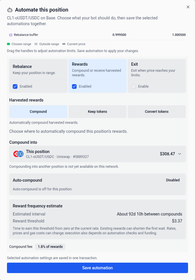 One Rewards menu in the position automation window