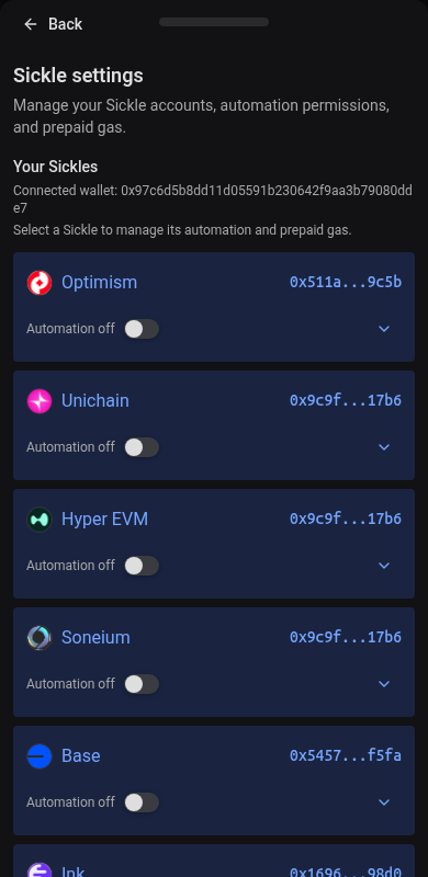 Sickle settings inside the mobile menu