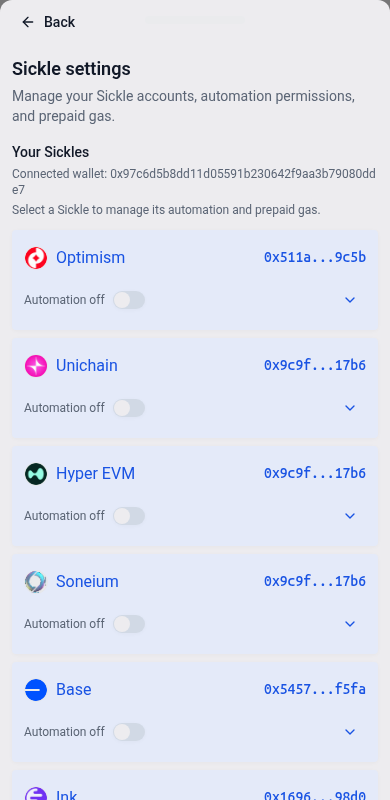 Sickle settings inside the mobile menu
