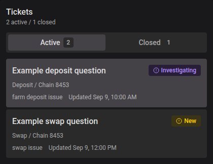 Active and closed support tickets with example data