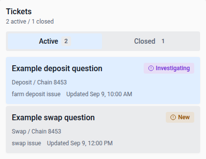 Active and closed support tickets with example data