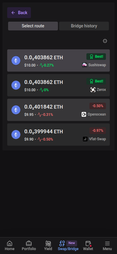 Comparing swap routes on mobile