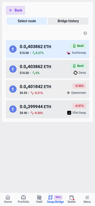 Comparing swap routes on mobile