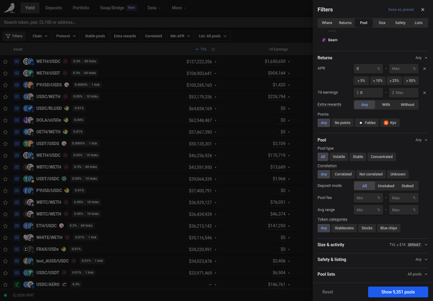 Token categories in the Yield filters