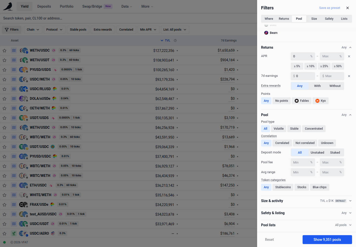 Token categories in the Yield filters