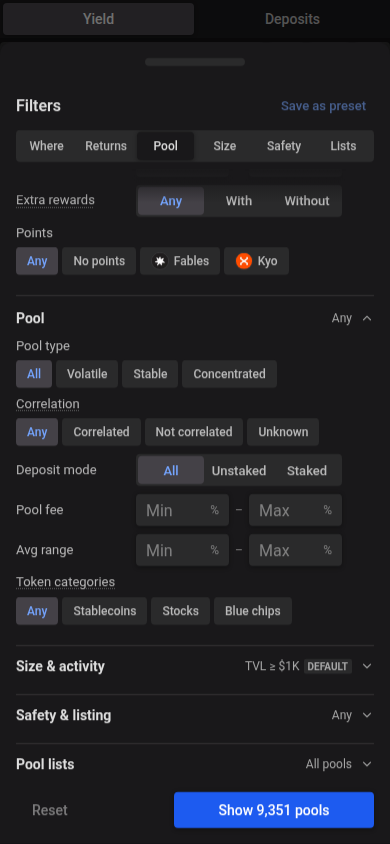 Token categories in the mobile Filters sheet