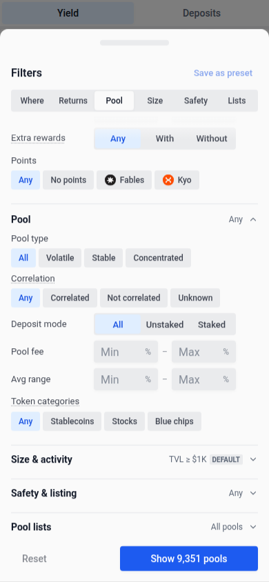 Token categories in the mobile Filters sheet