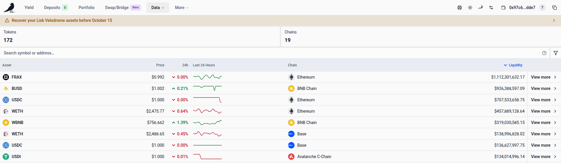 Recovery banner above Tokens in full-width mode