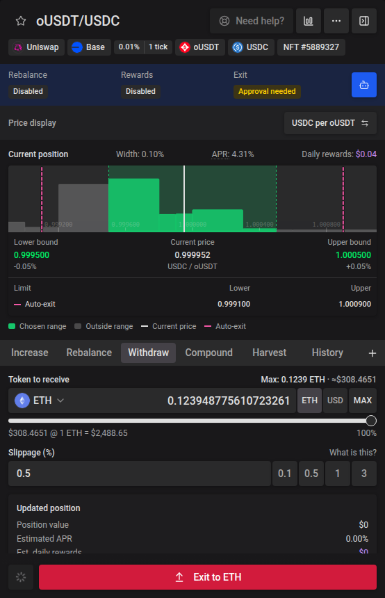 Current position range and saved Auto-Exit triggers in Withdraw