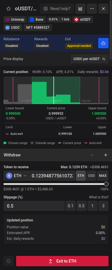Saved Auto-Exit triggers in the Withdraw tab on mobile