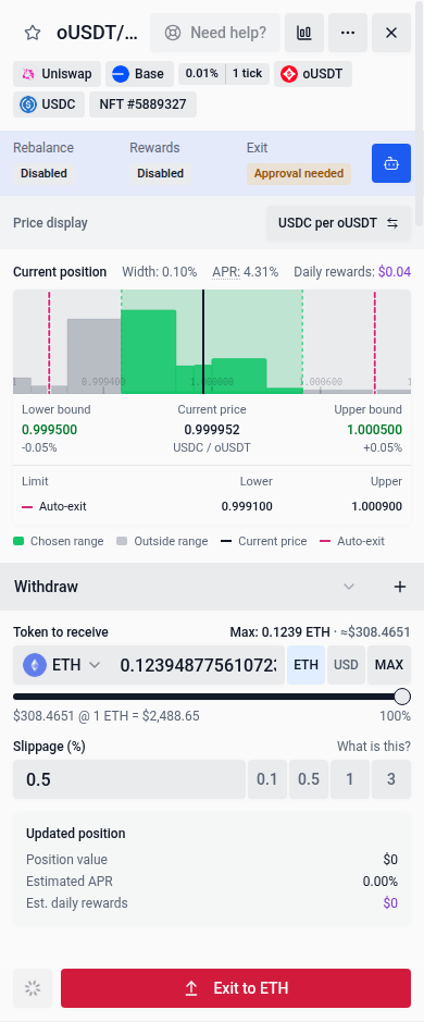 Saved Auto-Exit triggers in the Withdraw tab on mobile
