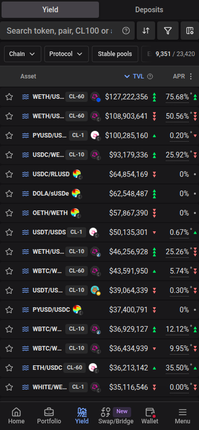 Mobile Yield rows with visible tick spacing and pool or farm badges