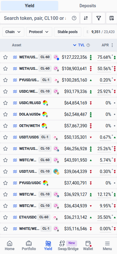 Mobile Yield rows with visible tick spacing and pool or farm badges